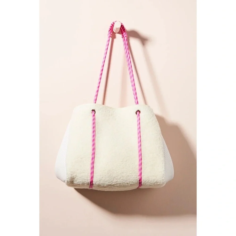 Anthropologie Annie Faux Sherpa Tote Bag in Crema with Pink Cord Handle